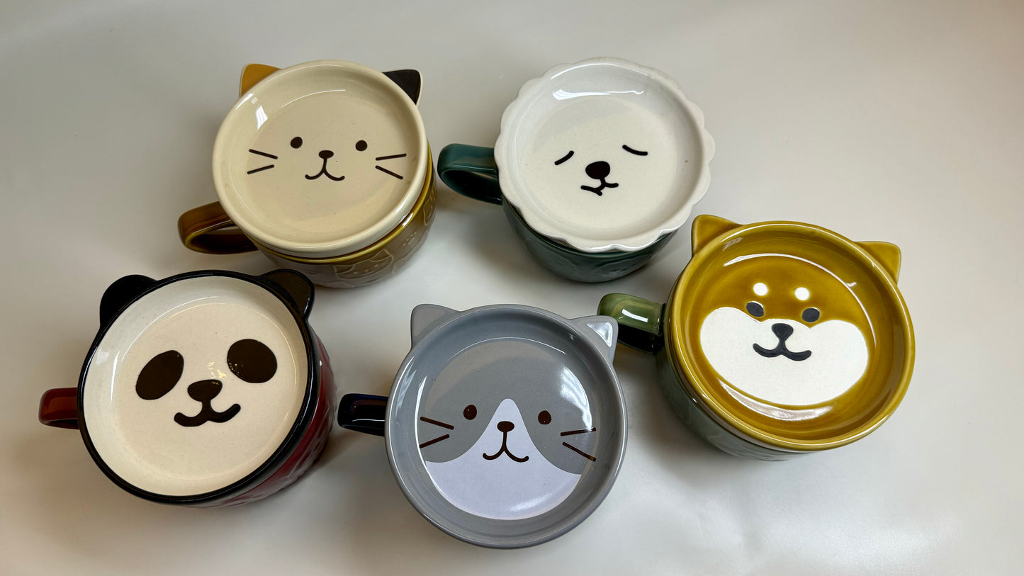 Cartoon Cute Animals Ceramic Embossed Mugs with Lid