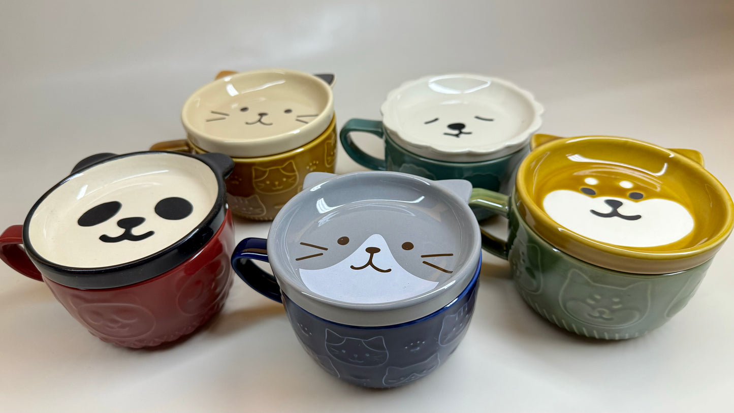 Cartoon Cute Animals Ceramic Embossed Mugs with Lid